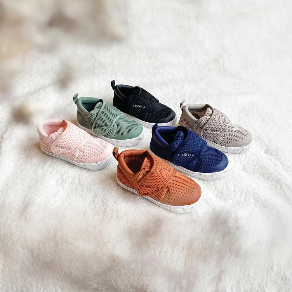 Stonz Cruiser Original Toddler Shoes Dune Tonal; six breathable mesh colorways with Velcro straps displayed on a soft white surface.