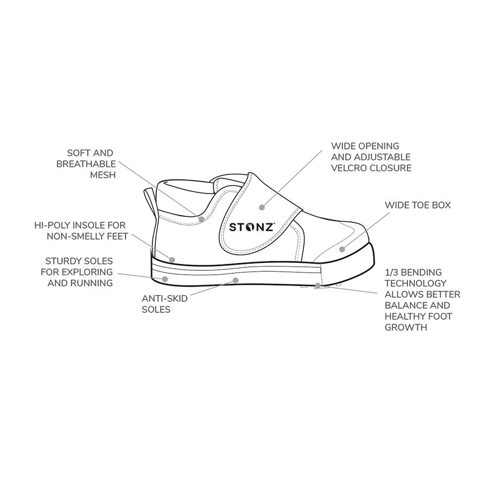 STONZ Cruiser Original Toddler Shoes Dune Tonal showing Velcro closure and anti-skid soles in a diagram