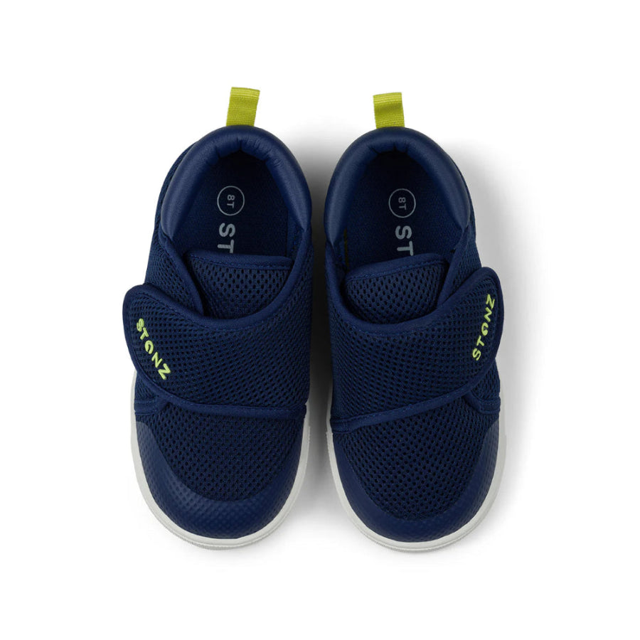 Stonz Cruiser Original toddler shoes in navy with lantern green accents, pair shown