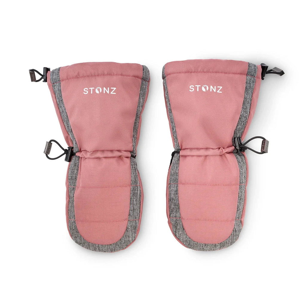 STONZ Stonz Kids Mitts Dusty Rose + Heather Grey, a pair of warm pink mittens with grey trim shown side by side.