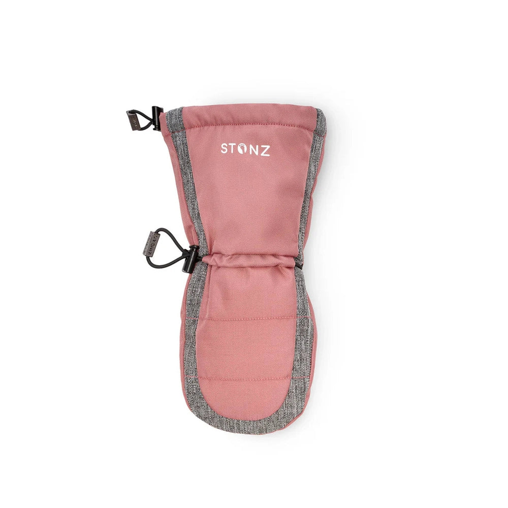 STONZ Kids Mitts Dusty Rose + Heather Grey with adjustable drawcord and toggle for cold-weather warmth.