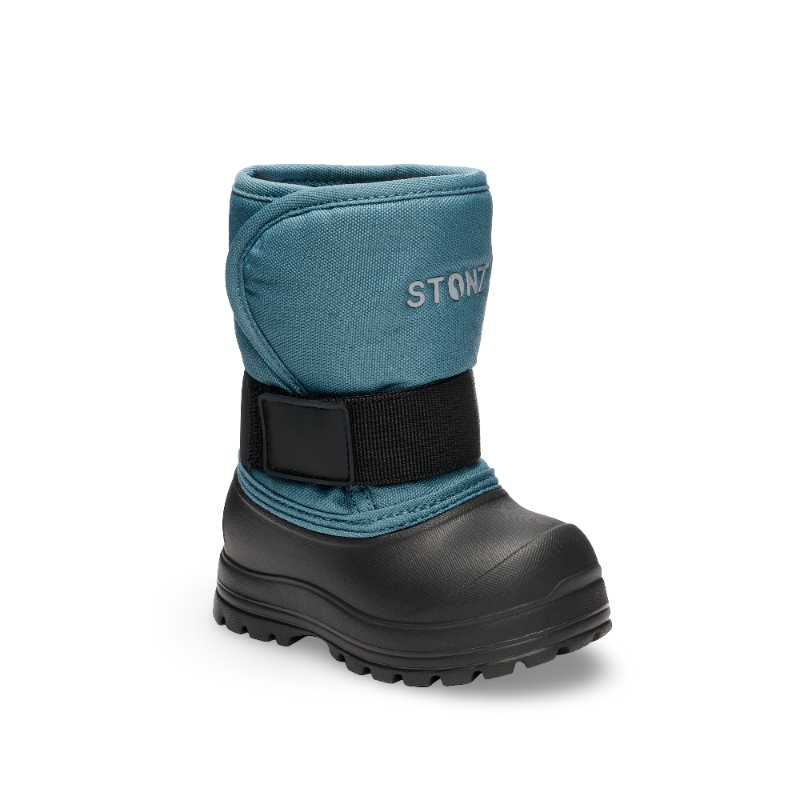 Stonz Trek Toddler Snow Boots Denim in teal, standing upright with a black sole and adjustable strap.