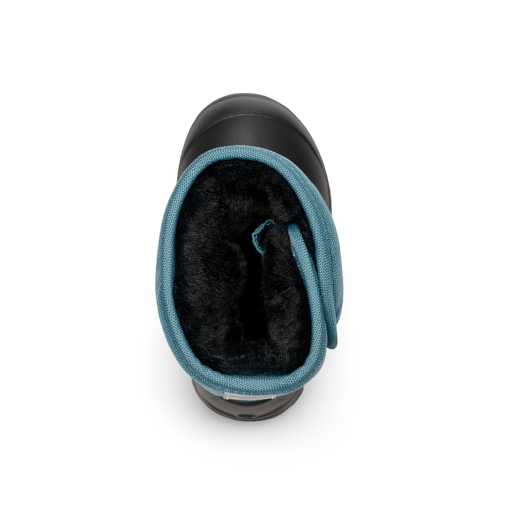 Stonz Trek Toddler Snow Boots Denim, top-down view shows blue denim outer with black plush interior.