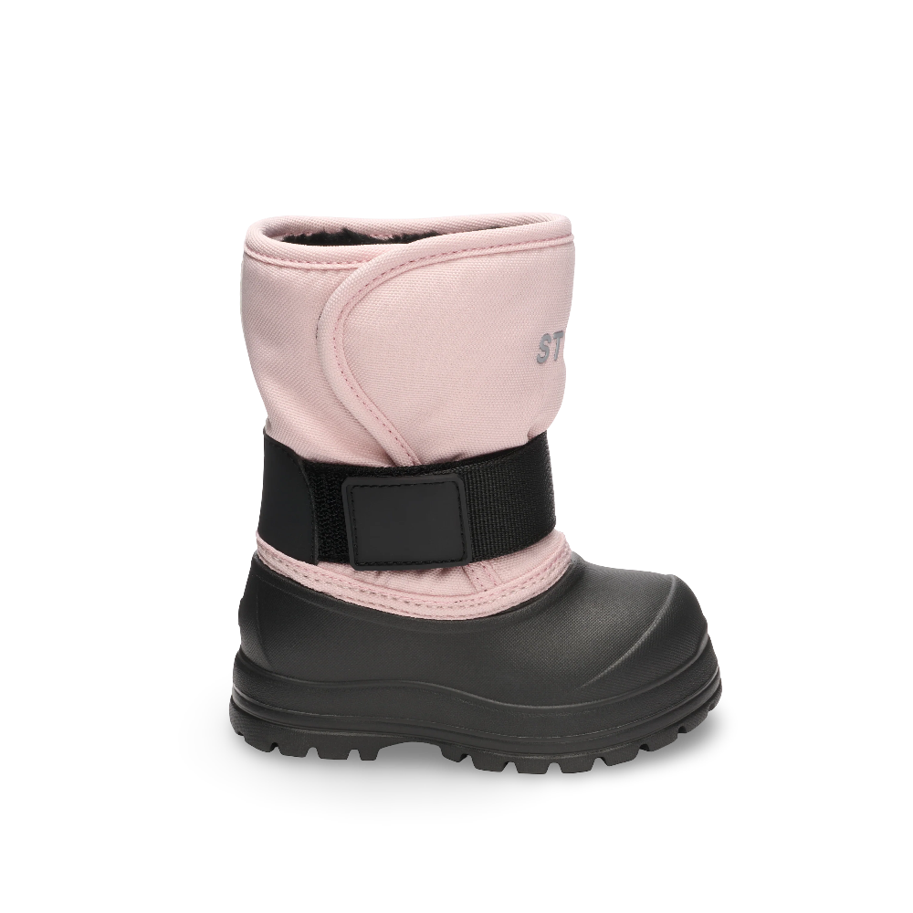 Stonz Trek Toddler Snow Boots Haze Pink strapped with Velcro, showcasing rugged black sole for snowy play.
