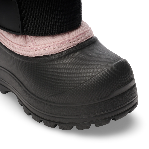 Stonz Trek Toddler Snow Boots Haze Pink; rugged black outsole and pink knit cuff shown on a toddler boot.