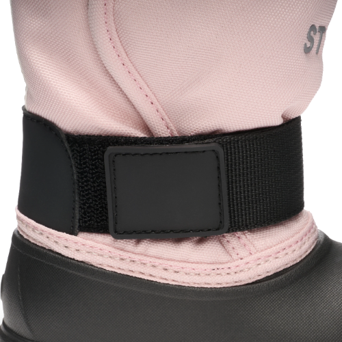 STONZ Trek Toddler Snow Boots Haze Pink featuring a black adjustable ankle strap and rugged sole.