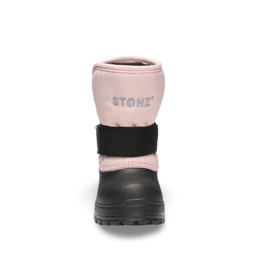STONZ Trek Toddler Snow Boots Haze Pink rear view showing pink fabric upper, black sole, and securing strap.