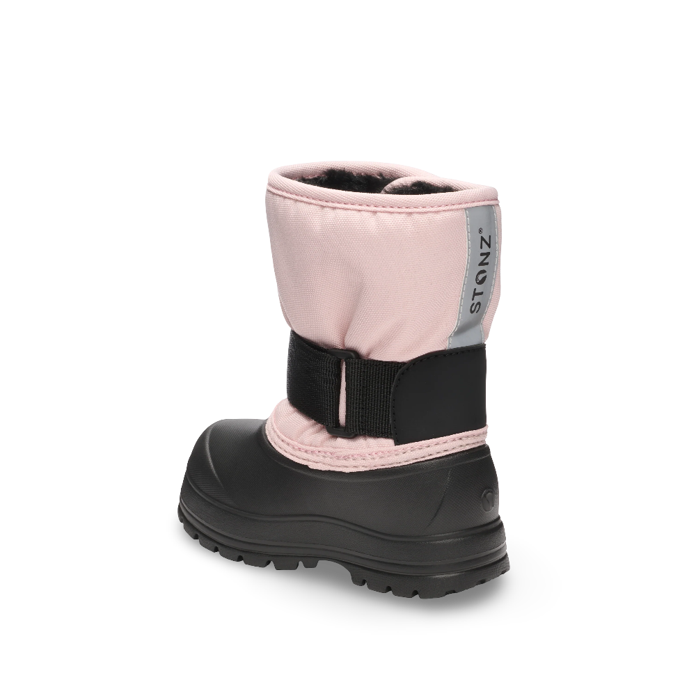 Stonz Trek Toddler Snow Boots Haze Pink with black rugged sole and Velcro strap secured around the ankle.