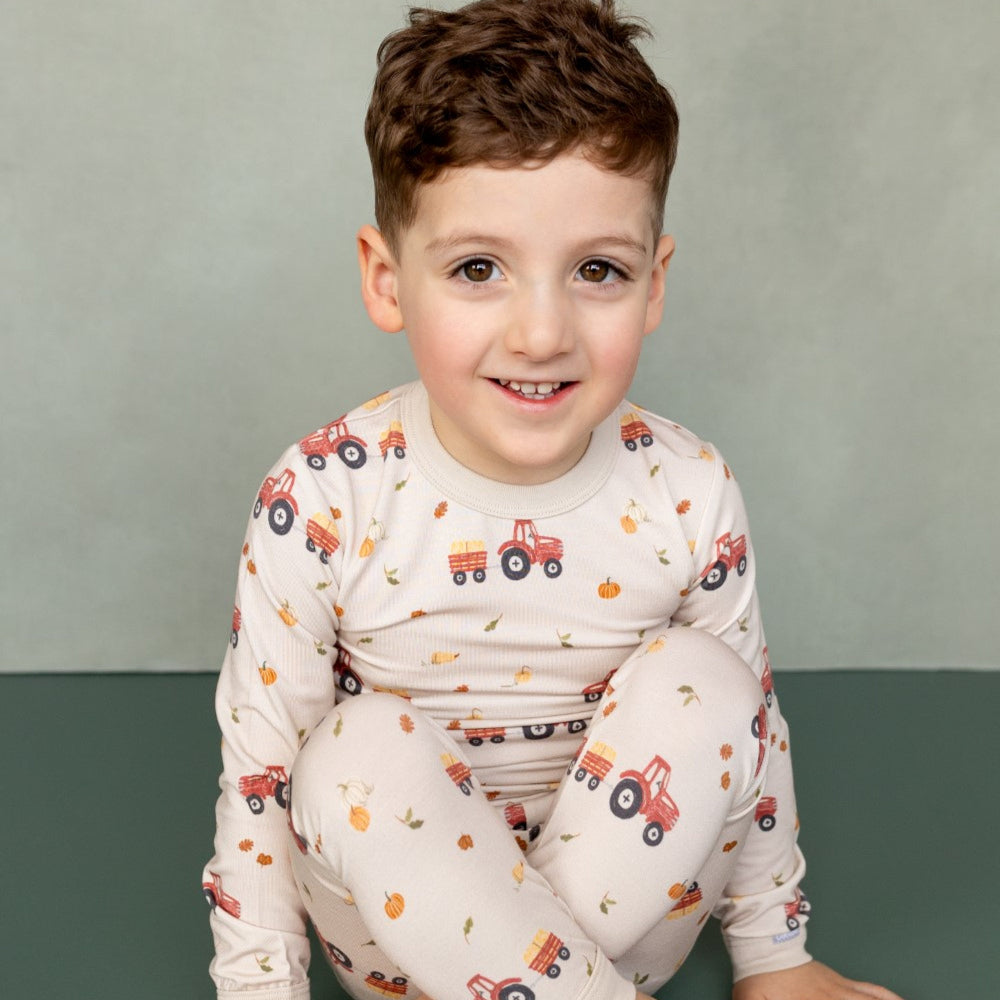 Coccoli Kid Long Sleeve Modal Pyjama Tractors On Oat Milk