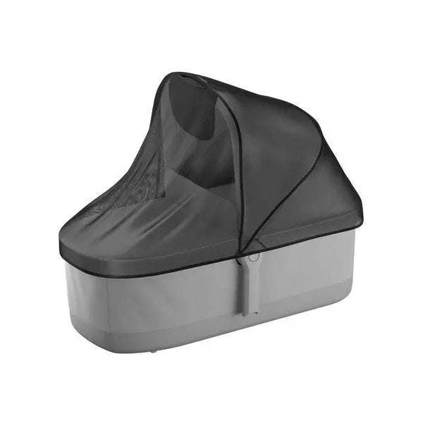 Thule Sleek Mesh Cover Bassinet with gray base and mesh canopy shielding baby in stroller