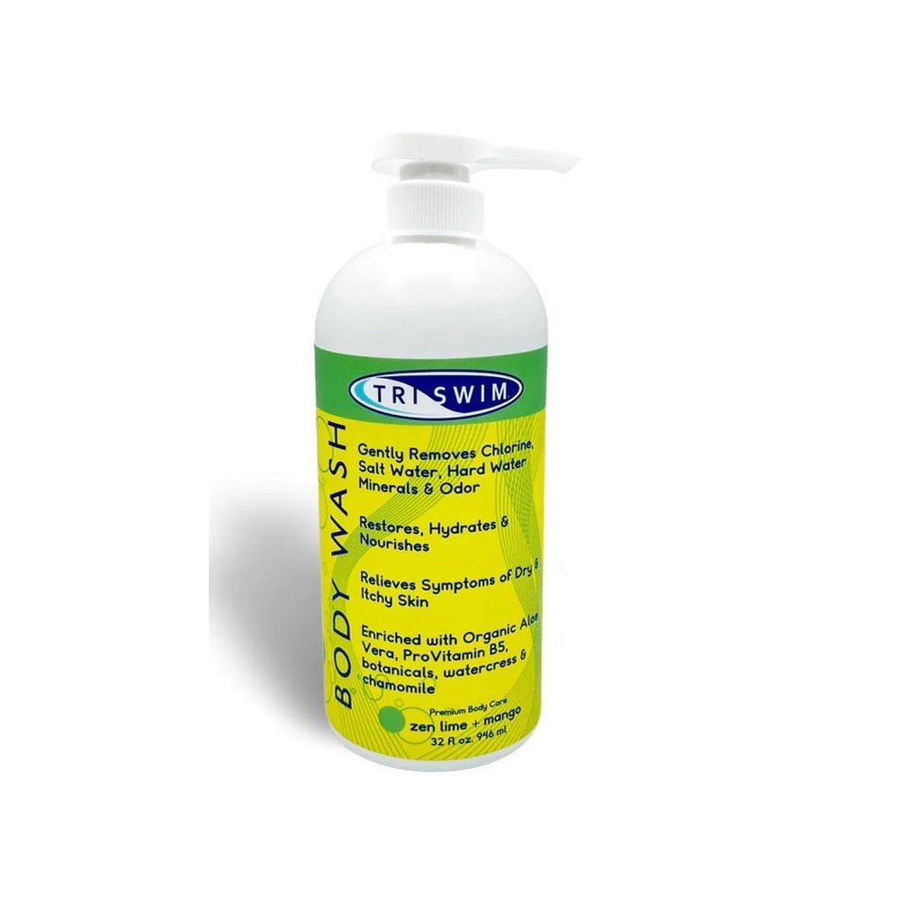 TRISWIM chlorine removal body wash bottle with bright yellow label and white pump, 946 ml