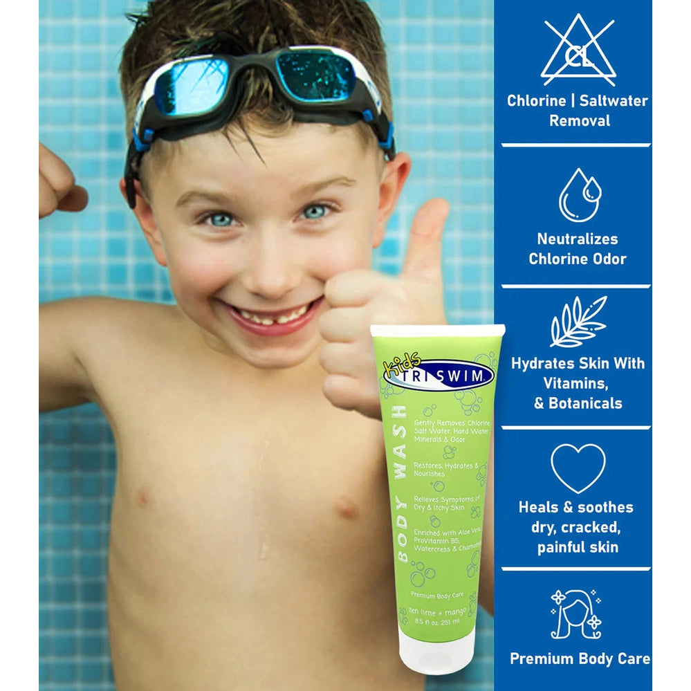 TRISWIM Kids Chlorine Removal Body Wash 251 ml lime green tube beside smiling child wearing swim goggles