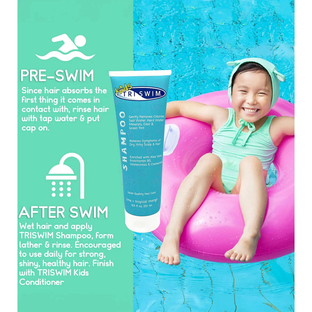 TRISWIM Kids Chlorine Removal Shampoo 251 ml tube beside smiling child in pool