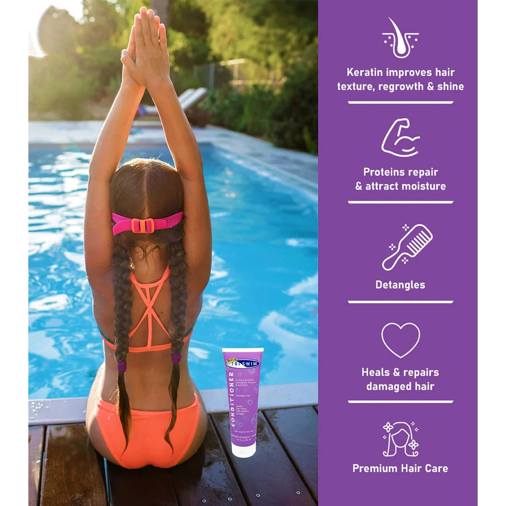 TRISWIM Kids Conditioner 251 ml bottle beside a girl in an orange swimsuit by the pool