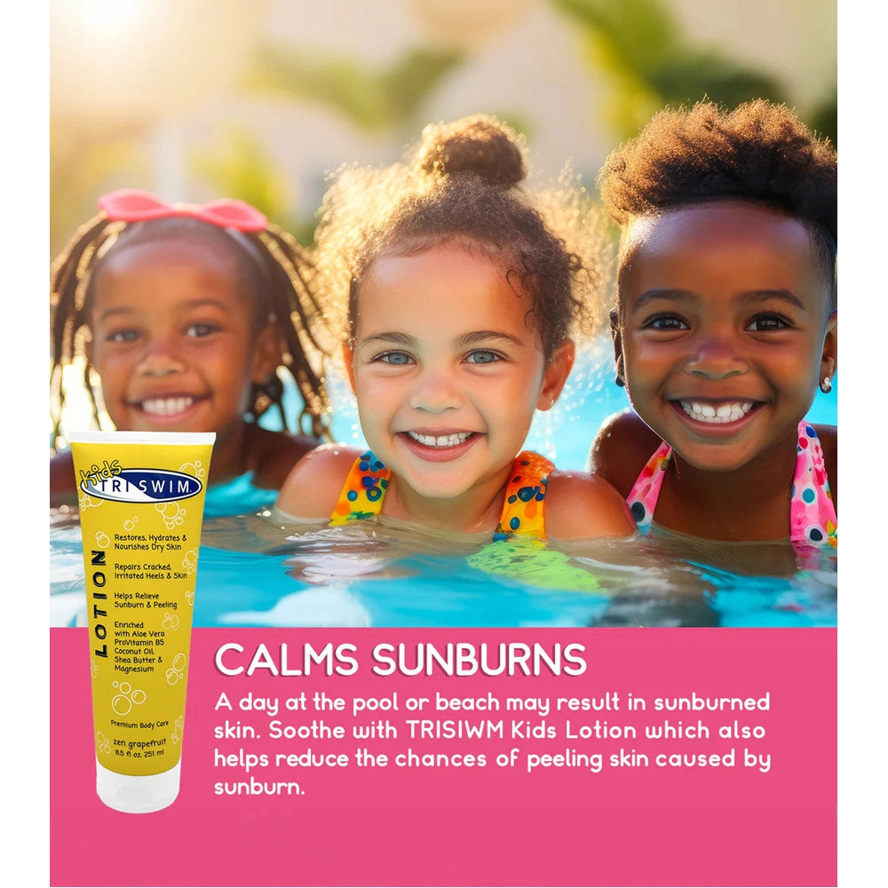 TRISWIM Kids Lotion 251 ml yellow tube beside three smiling children in a pool