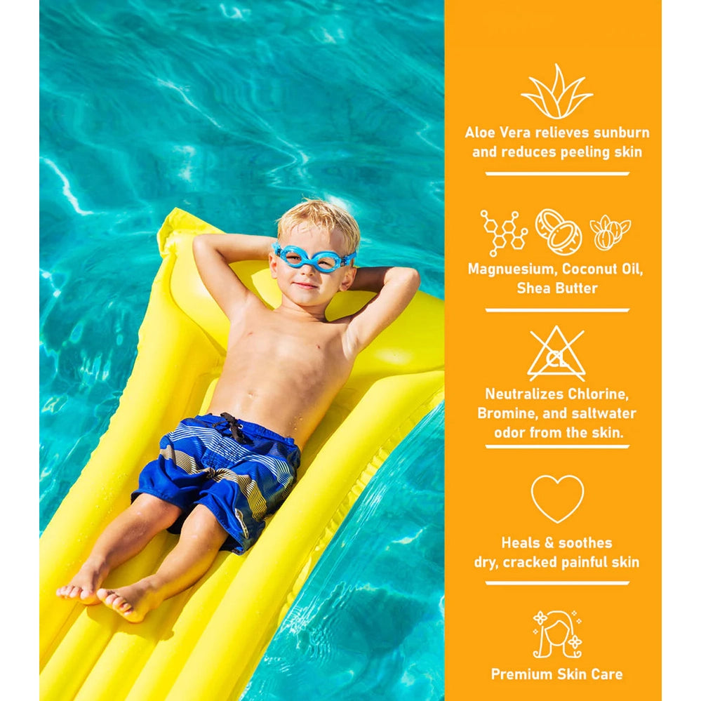 TRISWIM Kids Lotion 251 ml; child on a yellow pool raft with blue goggles in turquoise water