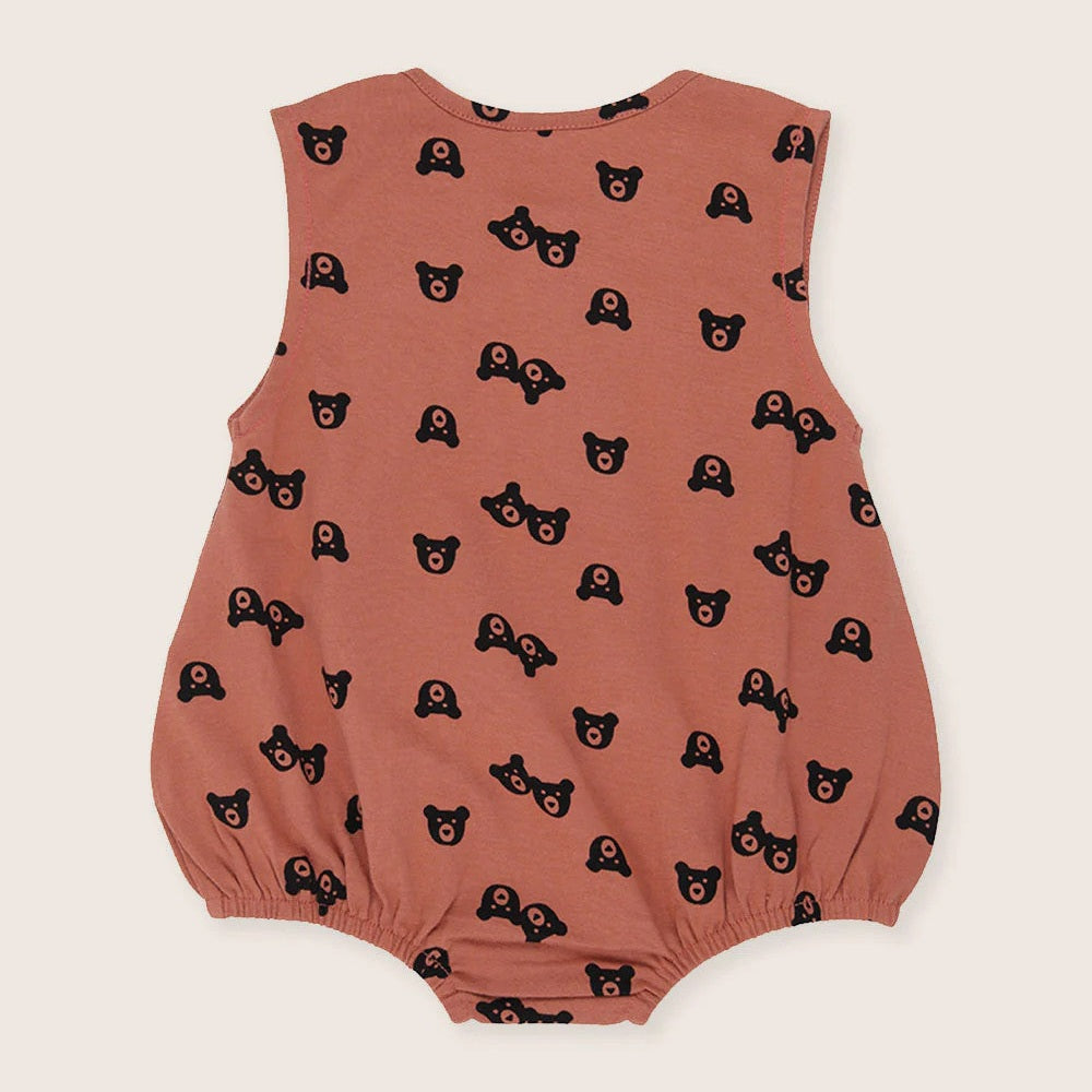 Turtledove London Two Bears Bubble Romper Sunset—pink sleeveless baby romper with black bear print and elasticized cuffs
