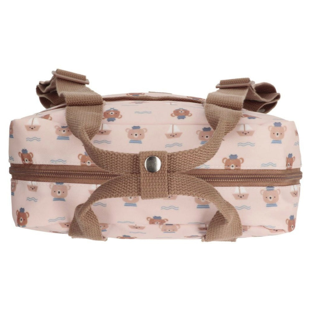 Tutete children's school backpack pink with bear and boat pattern, brown straps