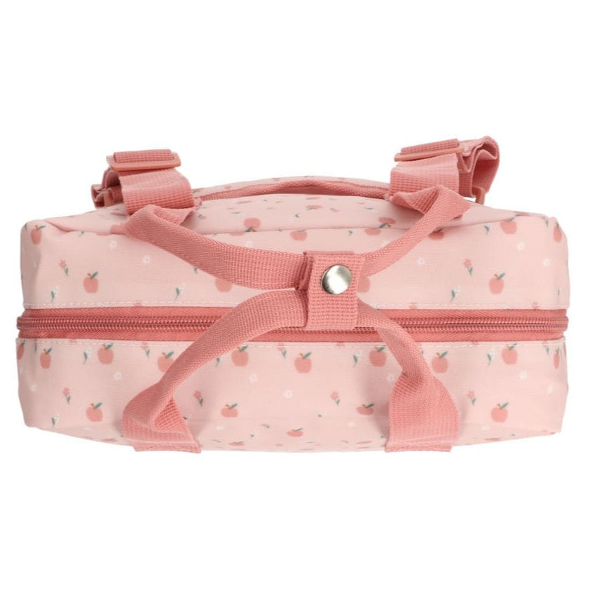 Tutete children's school backpack in pink peach-pattern fabric with adjustable straps and twin-zip closure.