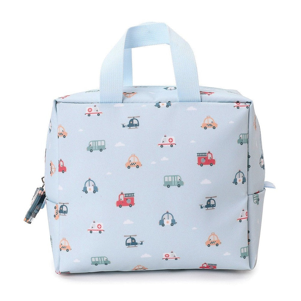 Tutete insulated lunch bag in light blue with a colorful vehicle print and matching handles