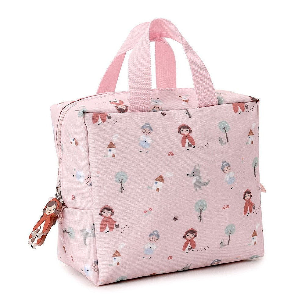 Tutete insulated lunch bag pink with whimsical print, two pink handles and charm attachment