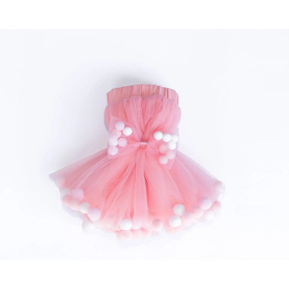 Tutu Joli LLC 2Pc Dust Rose Kids Pom Pom Tutu & Bow Hair Tie: pink tulle tutu with white pom-poms and bow.