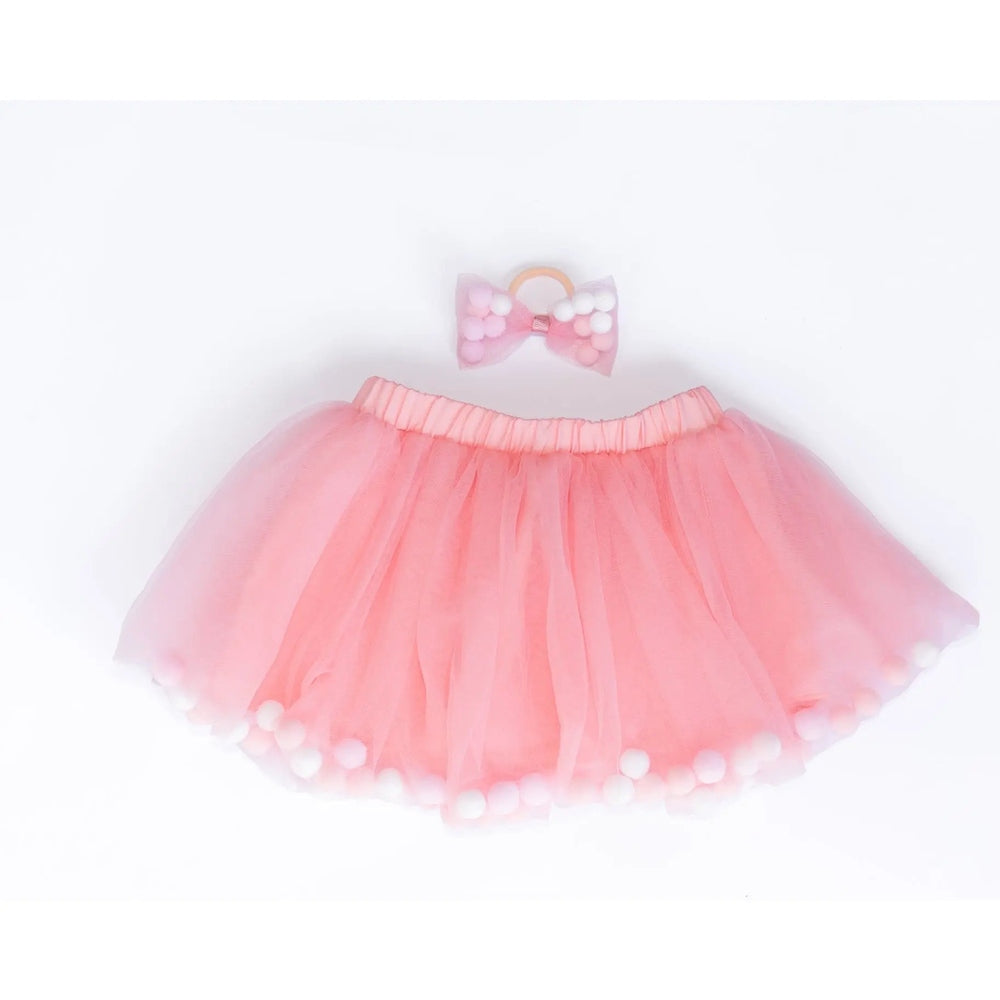 Tutu Joli LLC 2Pc Dust Rose Kids Pom Pom Tutu & Bow Hair Tie: pink tulle tutu with matching pink-and-white pom-pom bow.