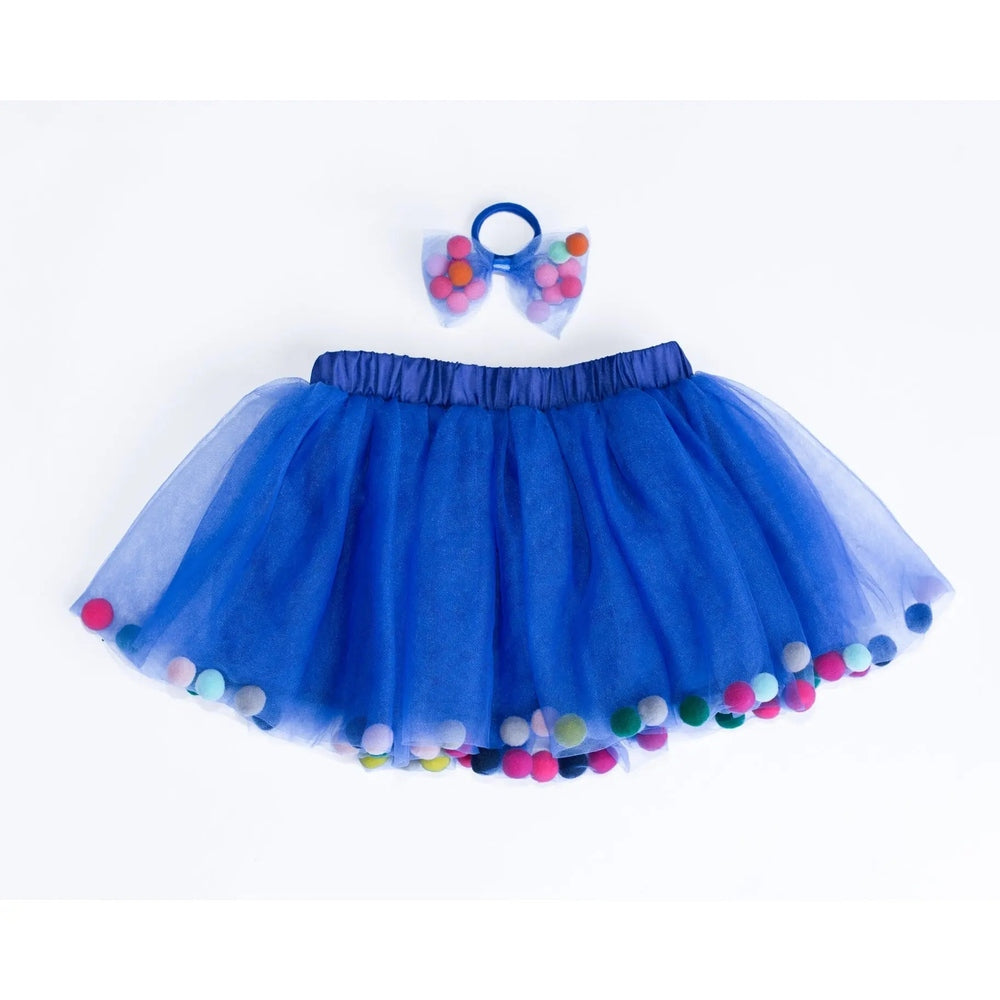 Tutu Joli LLC 2pc navy blue kids pom-pom tutu with matching bow hair tie, fluttering tulle and colorful pom-poms