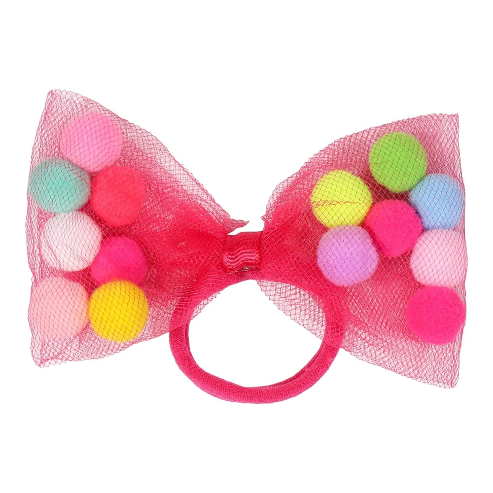 Tutu Joli Llc 2Pc Pom Pom Hair Ties With 4" Bow. Soft Ponytail Holder With Strong Grip