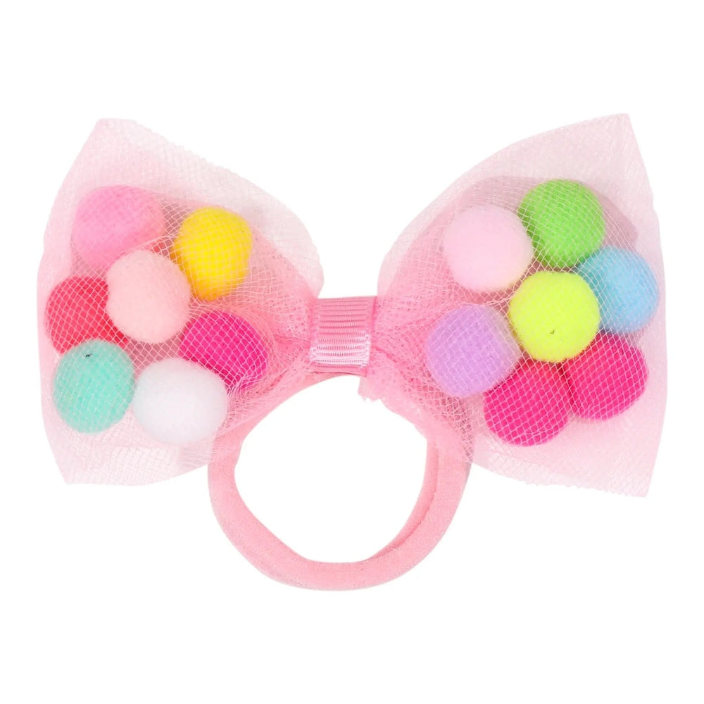 Tutu Joli LLC 2pc pom pom hair ties with 4" pink bow; pink netting surrounds bright pom poms for a secure ponytail.