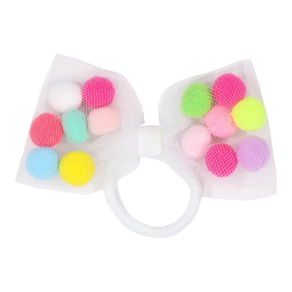 Tutu Joli LLC 2pc white kids pom-pom tutu and bow hair ties; white netted bows flaunt colorful pom-poms on a ring.