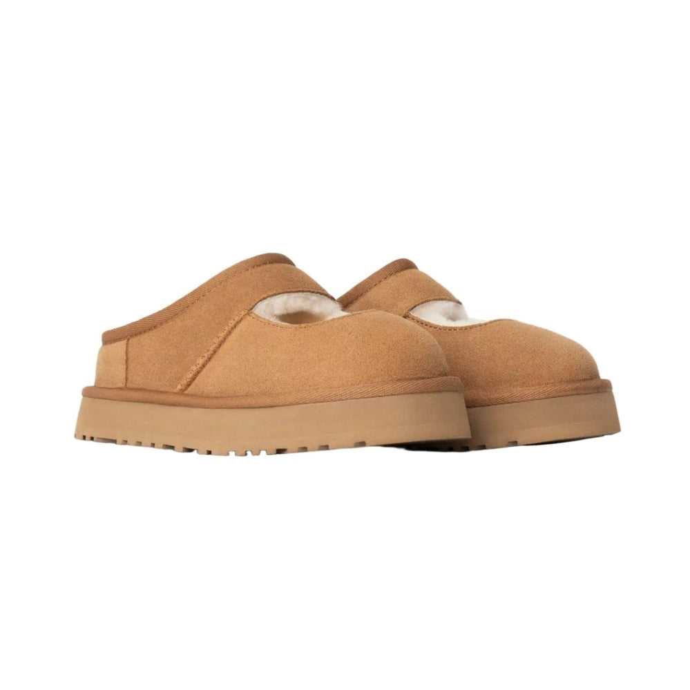 UGG Bea Mary Jane Chestnut kids' suede slip-on clogs with shearling lining and tan rugged sole