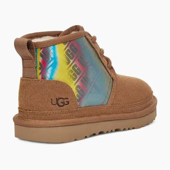 Ugg Neumel Chromatic Chestnut boot with rainbow side panel for toddlers