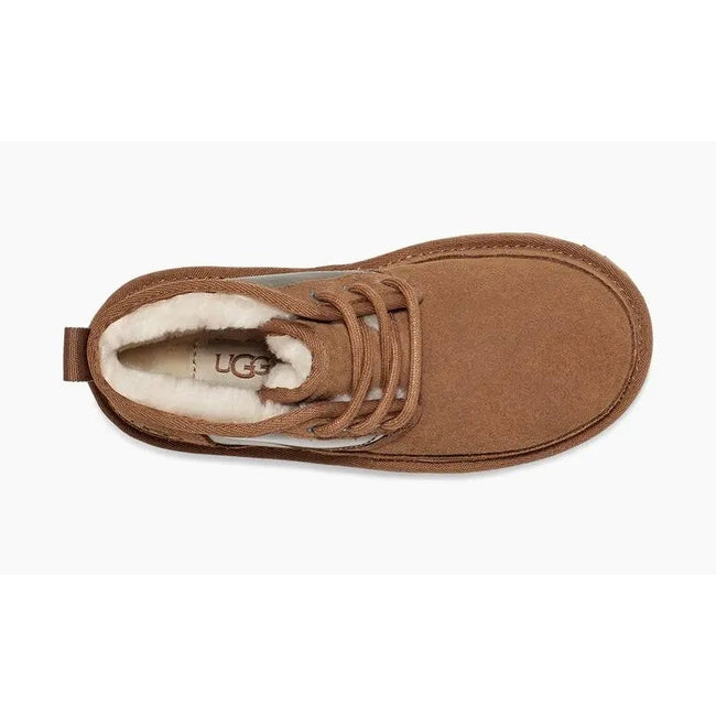UGG Neumel Chromatic Chestnut boot, brown suede with warm shearling lining, laces tied from top view.