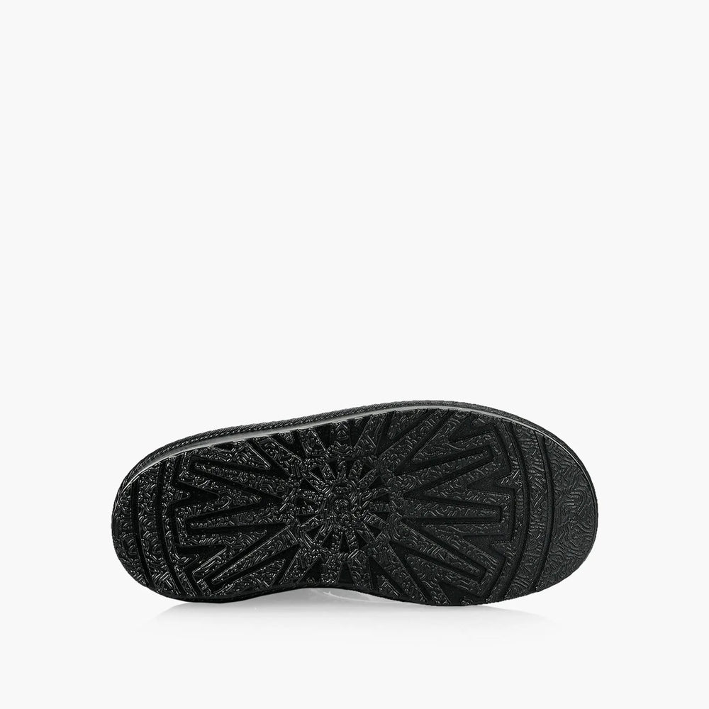 UGG Rahjee Rain Boot Black with rugged lug outsole, shown from bottom to highlight tread.