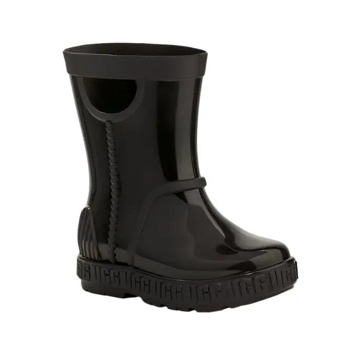 UGG Toddler Drizlita Black rain boot; glossy black rubber finish with rugged tread sole.