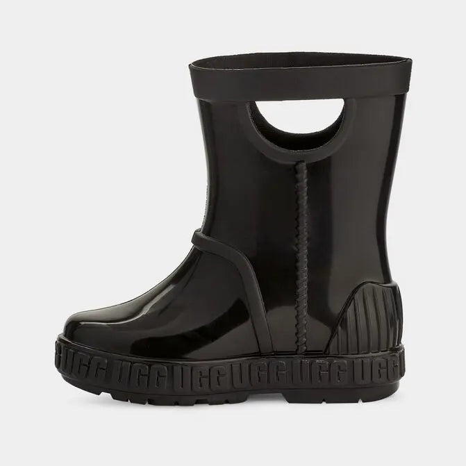 UGG Toddler Drizlita Black rain boot, glossy black rubber with pull-on top loop and rugged lug sole