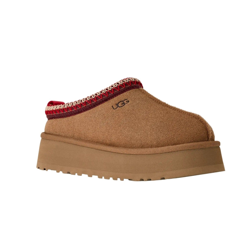 UGG Women's Tazz II Chestnut suede clog with chunky platform sole and red stitched trim.