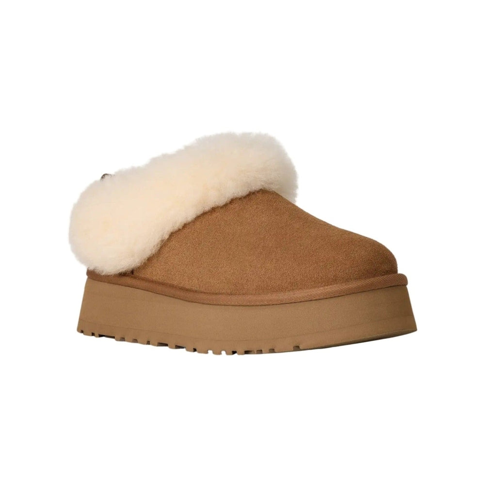 UGG Women's Tazzelle Chestnut slipper with cream shearling cuff and tan suede upper, rugged platform sole