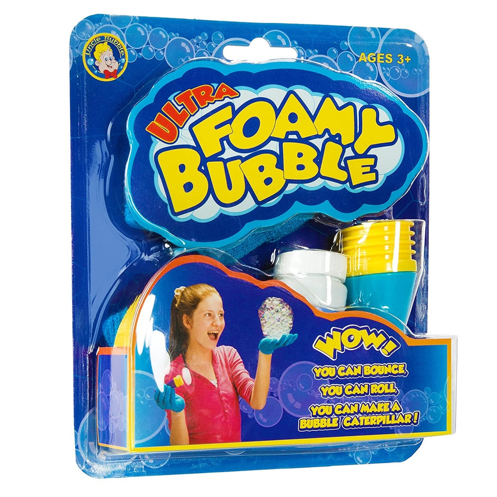Uncle Bubble Ultra Foam Bubble kit in blue packaging with foam solution bottle and yellow cups