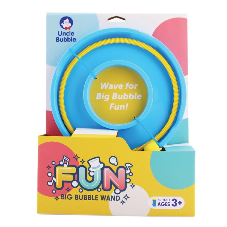 Uncle Bubble Fun Big Bubble Wand blue circular wand with yellow accents and 4 oz bubble solution