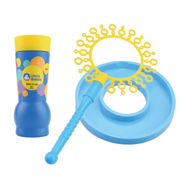Uncle Bubble Fun Fantasy Wand 4 oz bubble set with blue wand and yellow halo ring including bubble solution bottle