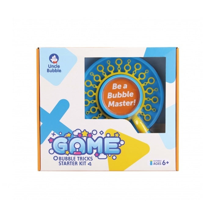 Uncle Bubble Game Bubble Tricks Starter Kit box with blue circular bubble wand and Be a Bubble Master label