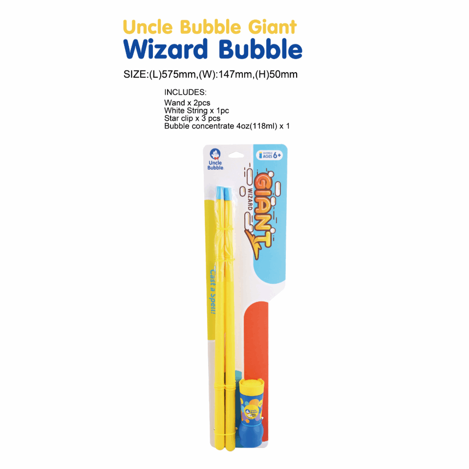 Uncle Bubble Giant Wizard bubble set with 4 oz concentrate, includes 2 yellow wands and blue bottle