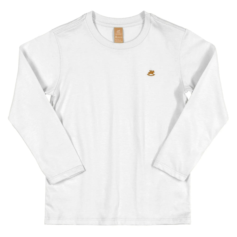UP Baby Boys T Shirt 000101 white long-sleeve top laid flat, brown chest logo.