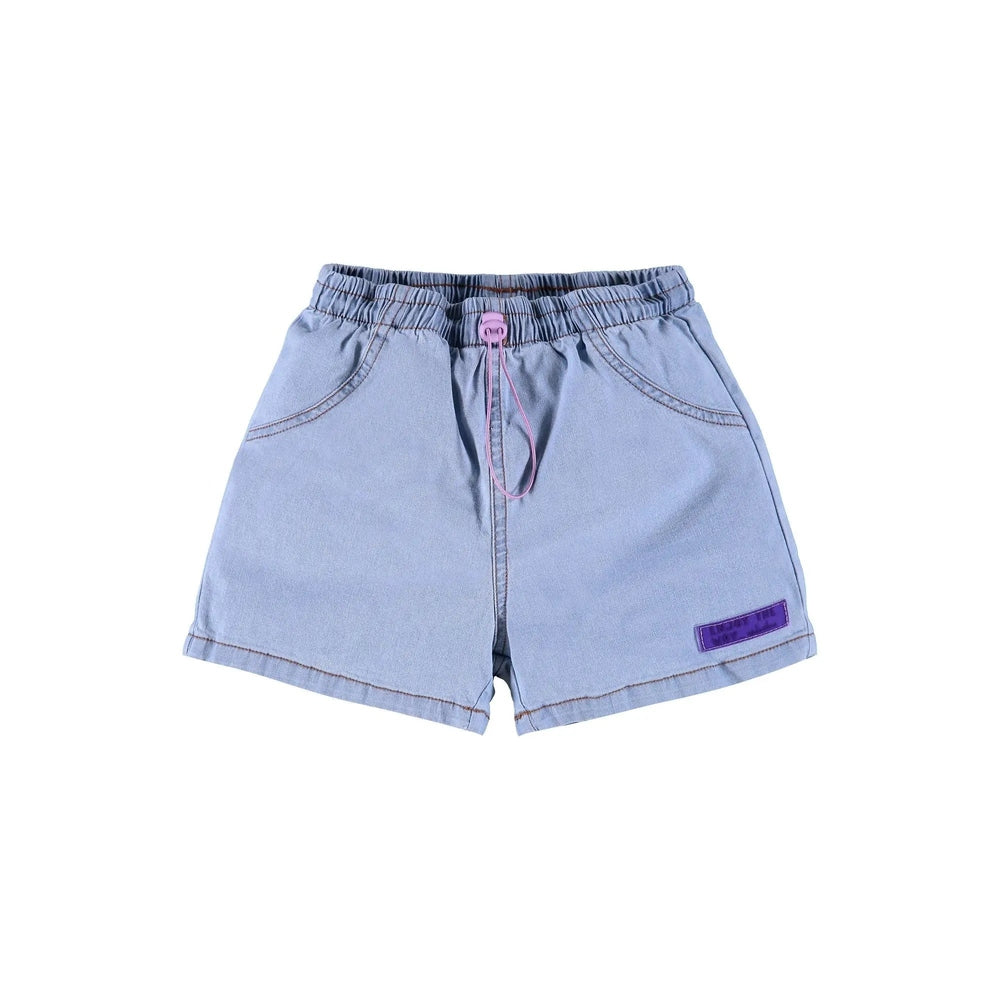 Up Baby Girl Jeans Shorts Blue with elastic waist and pink drawstring tied, purple patch on leg and front pockets