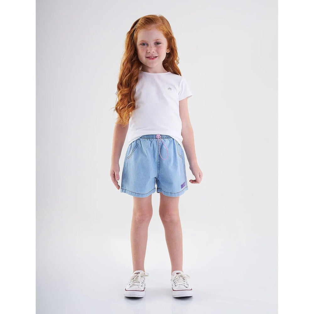 UP BABY GIRL JEANS SHORTS BLUE denim shorts with pink drawstring, worn by red-haired girl in white tee.