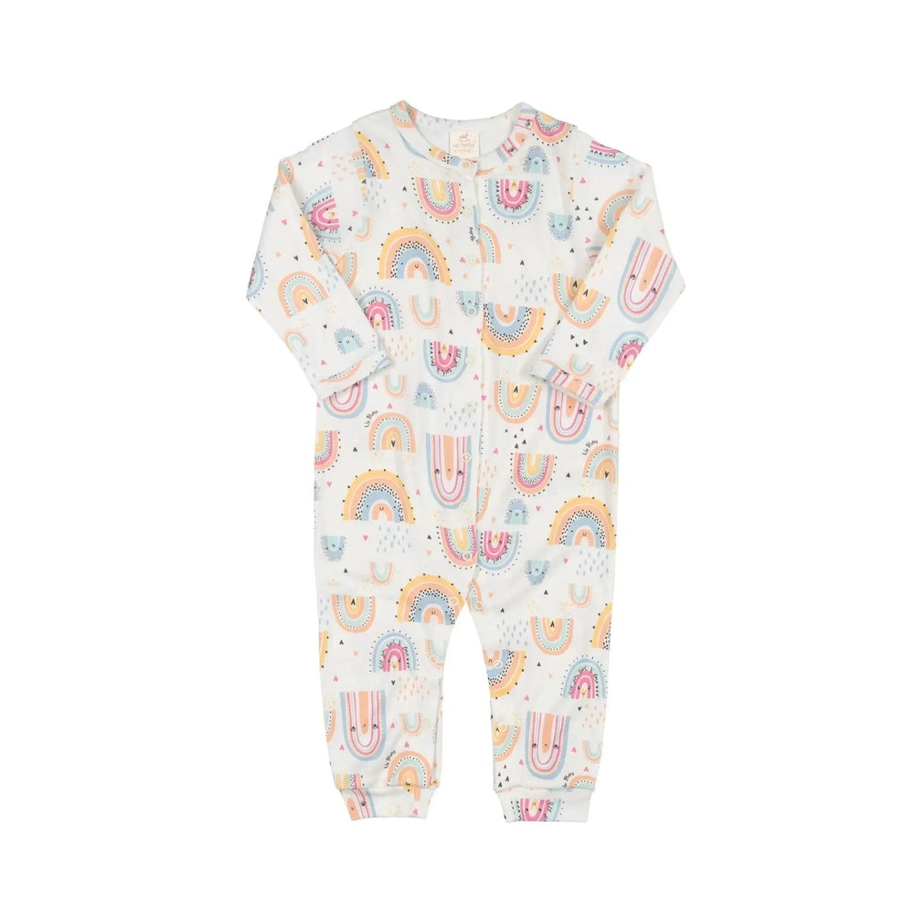 UP Baby Girls Jumpsuit Off White Ab1495 with pastel rainbow print, long sleeves, ribbed cuffs, shown laid flat.