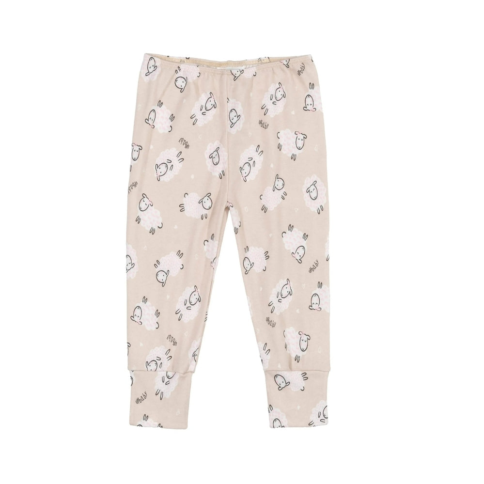 UP Baby Girls Pants AB1450 in beige with white sheep print, soft fabric laid flat.