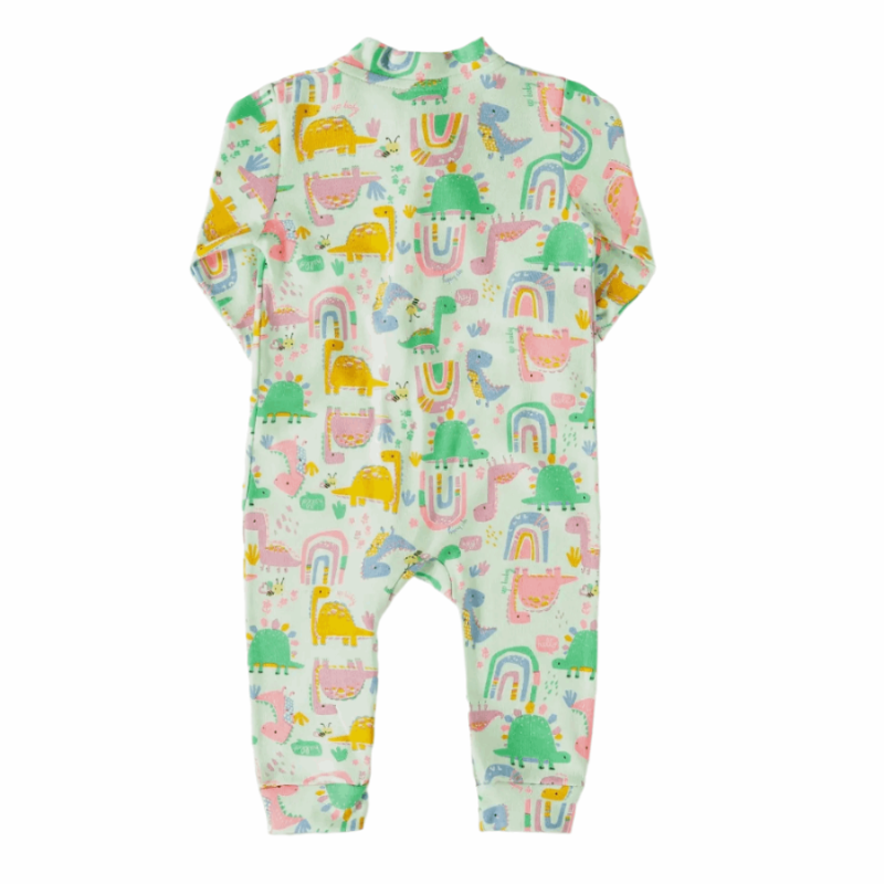 Upbaby baby jumpsuit UPBABY mint green with pastel dinosaurs and rainbows; one-piece for infants